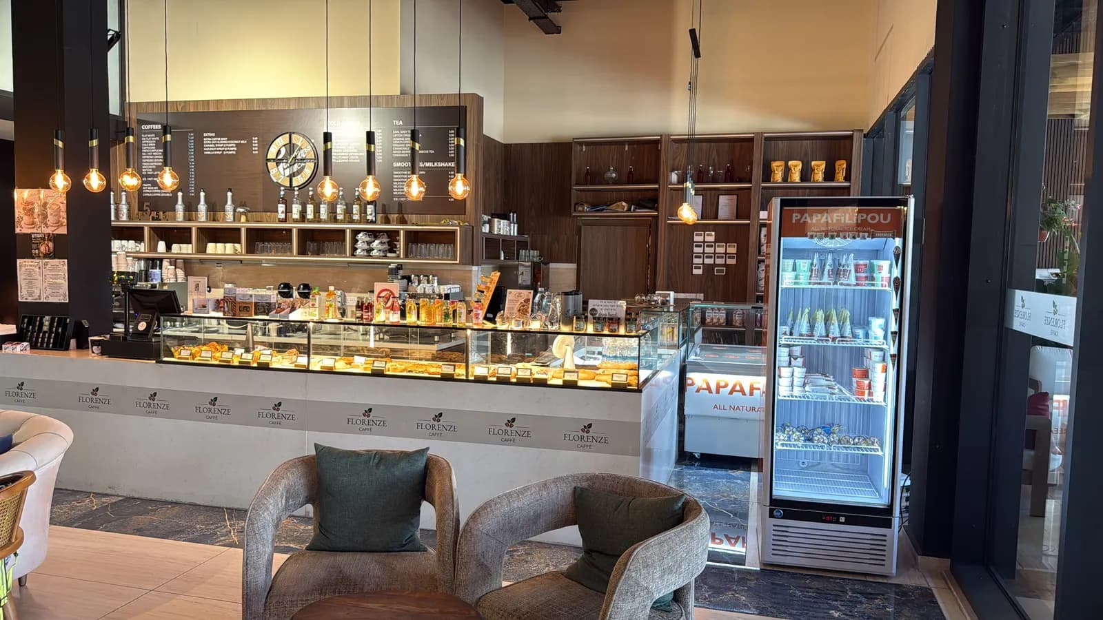 The counter with fresh pastries and ice cream