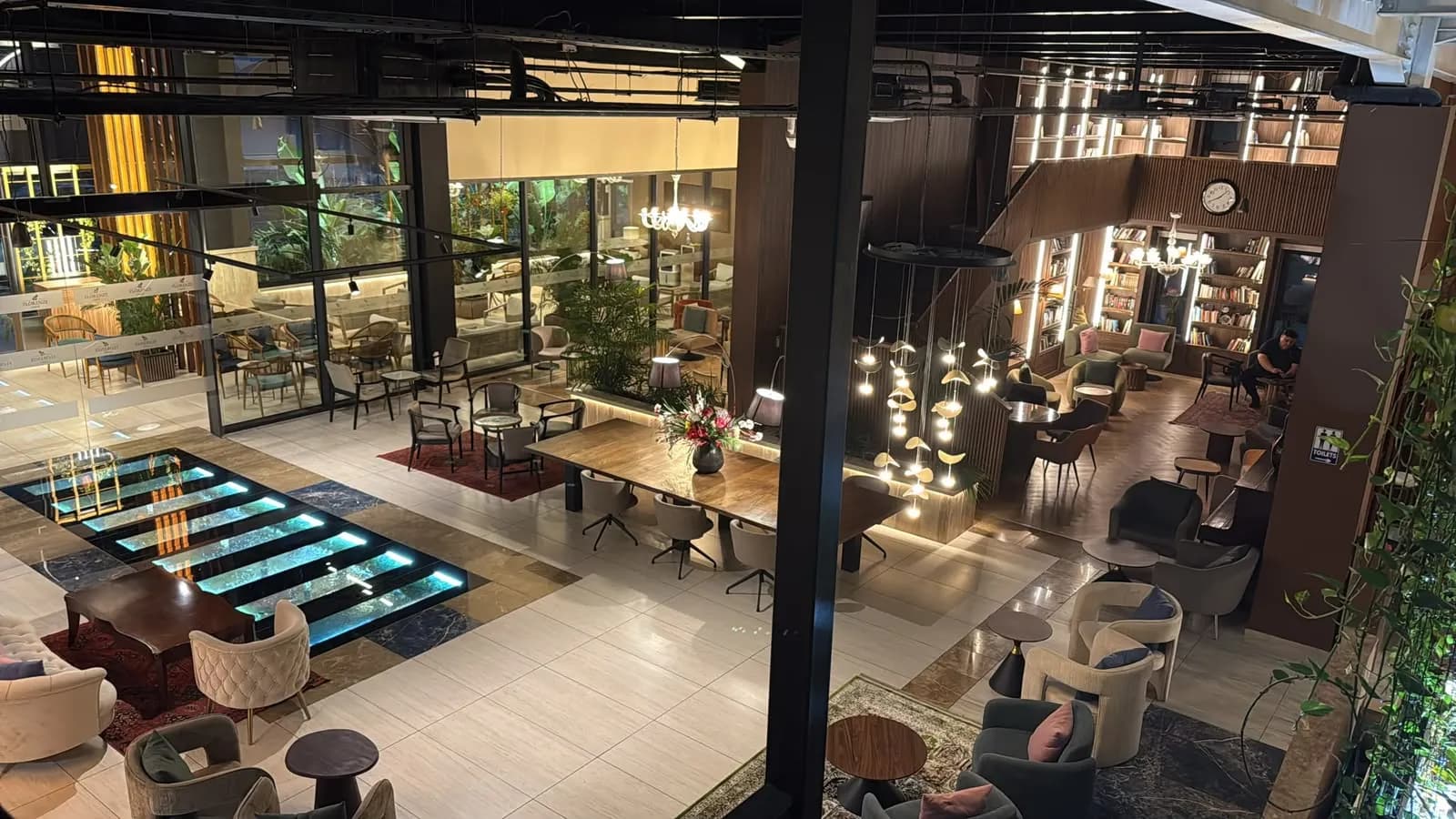 Evening view over the lounge from the mezzanine